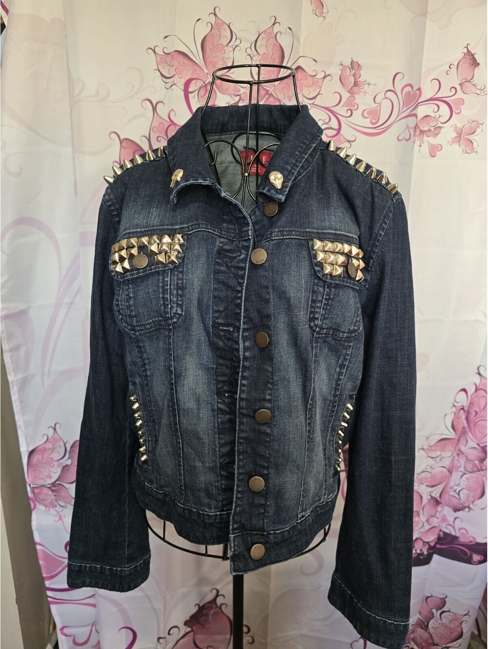 Womens Custom Large Studded Denim Crop Jacket Lgbtq+ Pride Punk Rainbow Skulls